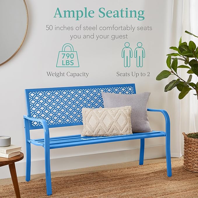 Best Choice Products Outdoor Bench 2-Person Metal Steel Benches Furniture for Garden, Patio, Porch, Entryway w/Geometric Backrest, 790lb Capacity - Ocean Blue