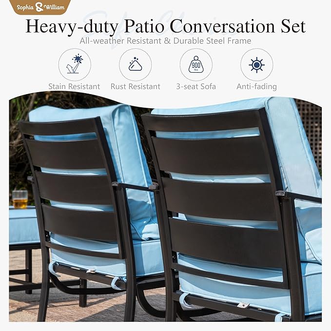 Sophia & William Patio Furniture Sets 5 Seats Outdoor Metal Conversation Sets 5 Pcs with 2 x Cushioned Swivel Sofa Chairs,1 x 3-Seat Sofa,2 x Ottomans for Coffee Lawn Backyard Poolside Blue