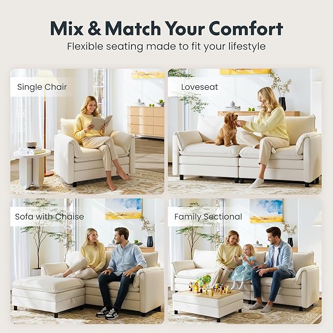 FLEXISPOT SF6 Modular Sectional Sofa with Storage Ottoman, 3-Seater L-Shaped Cloud Sectional Couch, 100.4" Wide Comfy Upholstered Sofa Couch for Living Room Apartment, Chenille White