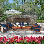 COSTWAY 4 Pieces Acacia Wood Patio Conversation Set, Outdoor Wicker Sofa with Coffee Table & Cushions, Patio Rattan Furniture Set for Yard, Porch, Poolside, Balcony, Backyard, Navy