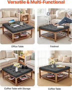 VEVOR Large Square Ottoman Coffee Table, 34.5 Inch Tufted Coffee Table with Solid Wood Shelf Storage, Linen Solid Upholstered Footrest Ottoman for Bedroom Living Room, 400 LBS, Dark Grey