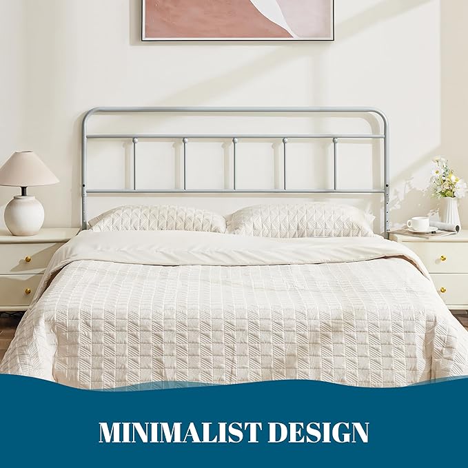 Metal King Size Headboard Only, Sturdy and Durable Iron King Headboard Adjustable Height from 34” to 44”, Victorian Vintage Bed Headboards, Farmhouse Head Board, Bed Frame Mount Grey