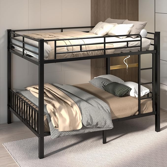 Queen Over Queen Bunk Bed for Adults & Teens, Heavy Duty Metal Bunk Bed with EVA Anti-Slip Ladder & Full-Length Guardrails, Noise-Free Queen Bunk Bed Frame with Under-Bed Storage, Black