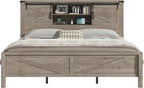 AMERLIFE Farmhouse King Bed Frame, Rustic Wood Platform Bed w/Barn Door Storage Bookcase Headboard & Charging Station, Bedroom Furniture, No Box Spring Needed, Light Grey