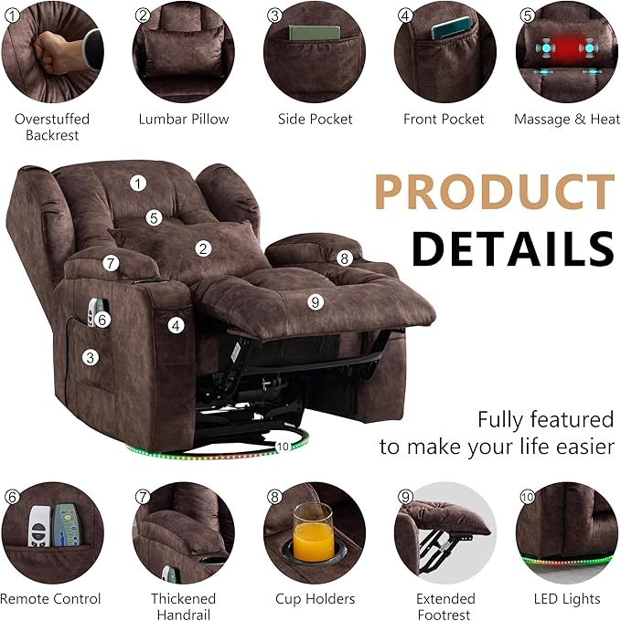 Power Swivel Rocker Recliner Chairs, Electric Wall Hugger Reclining Sofa with Massage & Heat, Comfy Theater Seating Single Sofa with LED Light/USB/Type-C Ports (Velvet Brown, Single Chair)