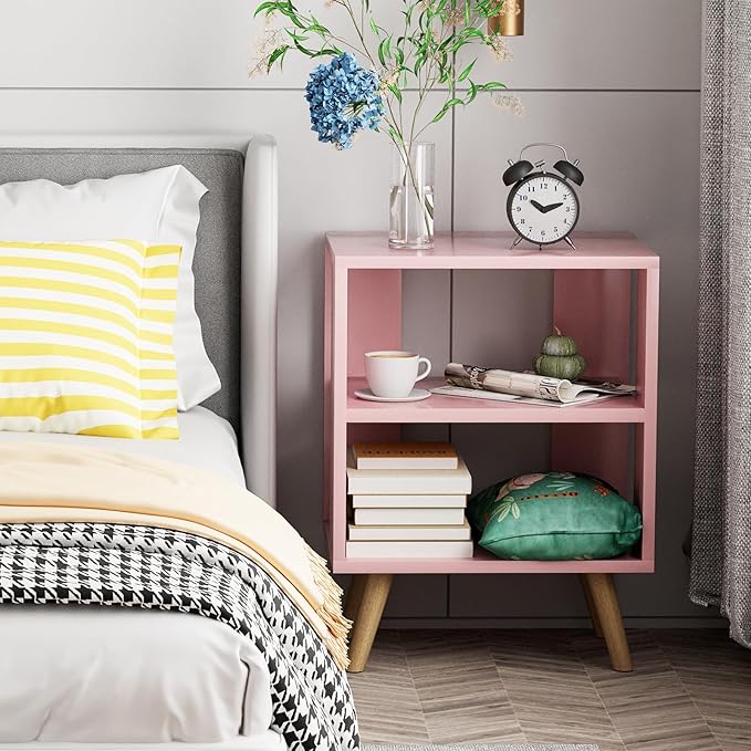 Night Stand, Pink Kids Nightstand, Modern End Table with Open Storage, 2-Tier Nursery Bedside Table for Small Space, Living Room, Bedroom
