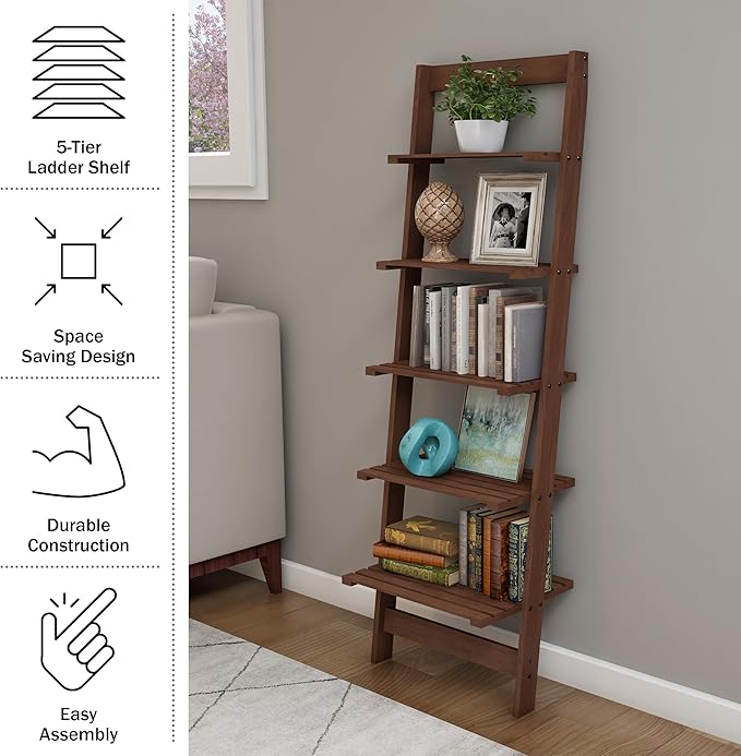 5-Tier Ladder Shelf - 50-Inch Narrow Leaning Bookshelf - Wooden Bookcase for Living Room, Bathroom, Kitchen, Office, or Bedroom Furniture by Lavish Home (Walnut)
