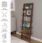 5-Tier Ladder Shelf - 50-Inch Narrow Leaning Bookshelf - Wooden Bookcase for Living Room, Bathroom, Kitchen, Office, or Bedroom Furniture by Lavish Home (Walnut)