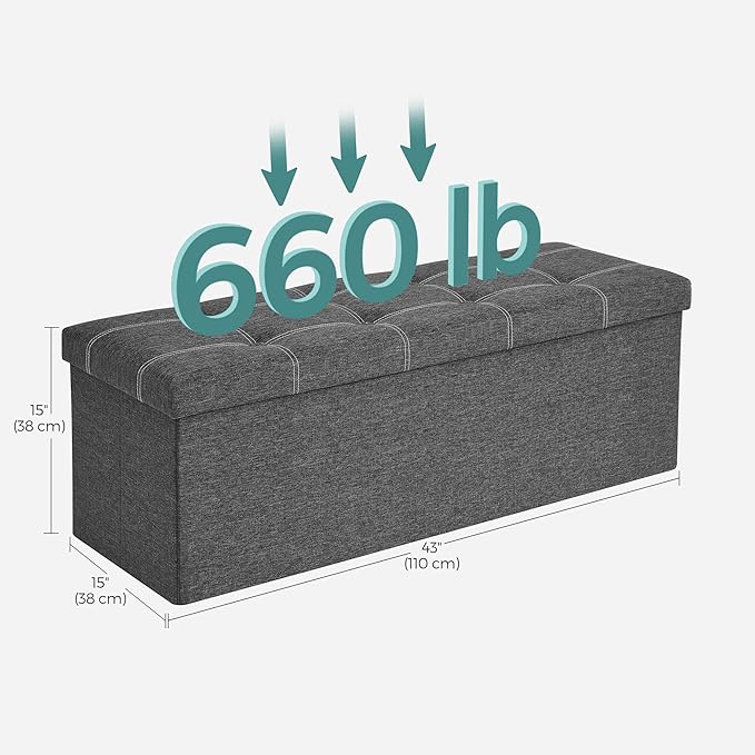 SONGMICS Mazie Collection - 43 Inches Ottoman Storage Bench, 35 Gal. Folding Chest with Breathable Linen-Look Fabric, Load up to 660 lb, for Entryway, Living Room, Bedroom, Dark Gray ULSF077G04