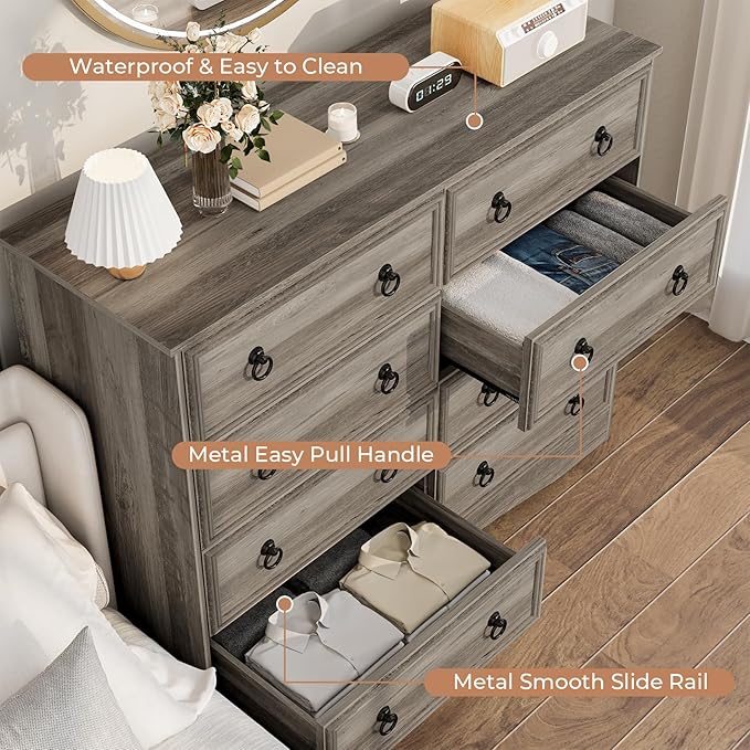 8 Drawer Dresser for Bedroom, Large Dressers & Chests of Drawers, TV Stand for 55 inch, Storage Organizer Furniture, Hallway, Entryway, Closet, Brownish Grey