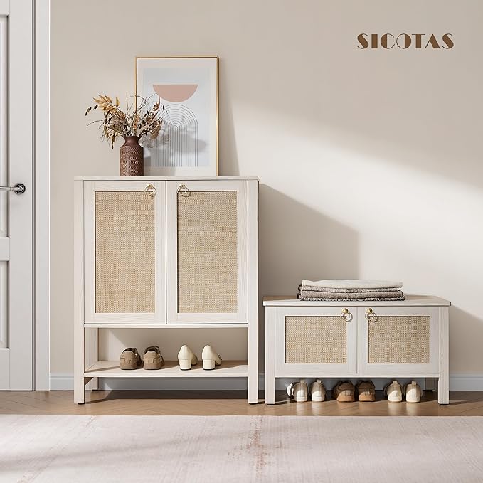 SICOTAS Shoe Cabinet with Storage - 3 Pieces Farmhouse Shoe Organizer with Rattan Doors & Shelves, 5 Tier Free Standing Shoe Rack Storage Cabinet for Entryway, Living Room, Closet (White Cream Oak)