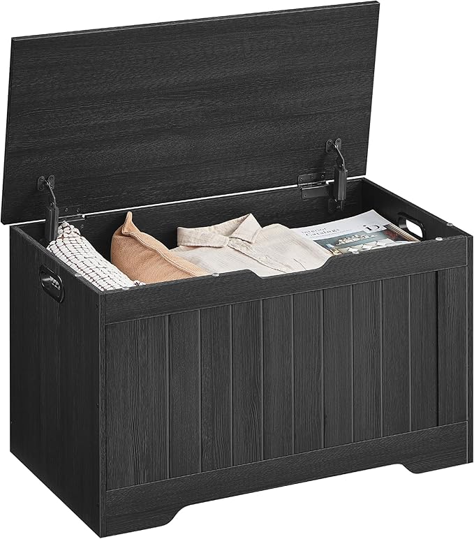 VASAGLE Storage Chest, 29.9 Inches Width Storage Bench, Entryway Bench with 2 Safety Hinges, Shoe Bench, Farmhouse Style, for Entryway, Bedroom, Living Room, Charcoal Gray ULHS011B02