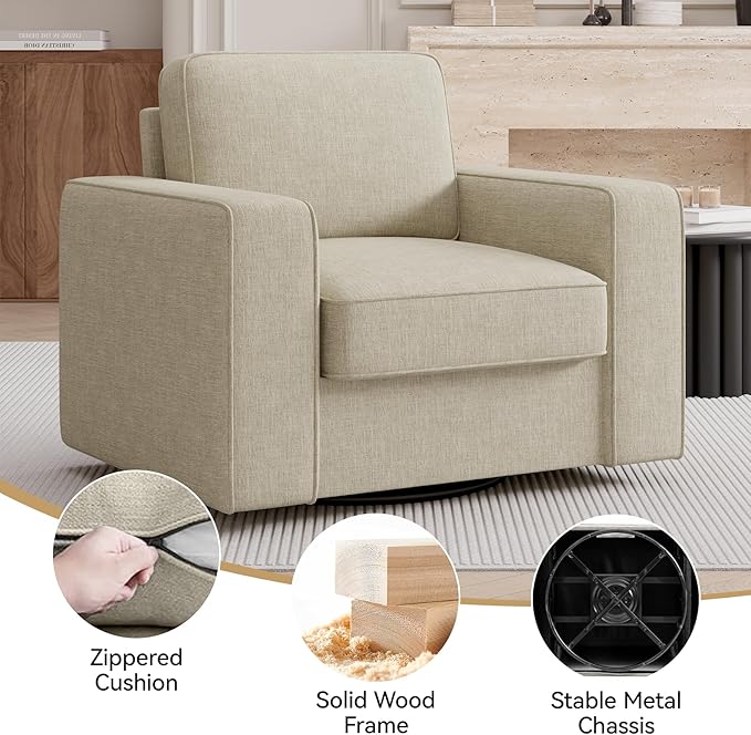 360 Degree Rotation Swivel Accent Sofa Chairs Set of 2, 36'' Width Oversized Armchairs in Linen Living Room,Reading,Office(Beige)