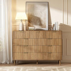 CARPETNAL Fluted 9 Drawer Dresser for Bedroom, 55" Wide Wooden Chest of Drawers with Rounded Corners, Gold Handles, Modern Storage Organizer for Bedroom, Hallway(Walnut)