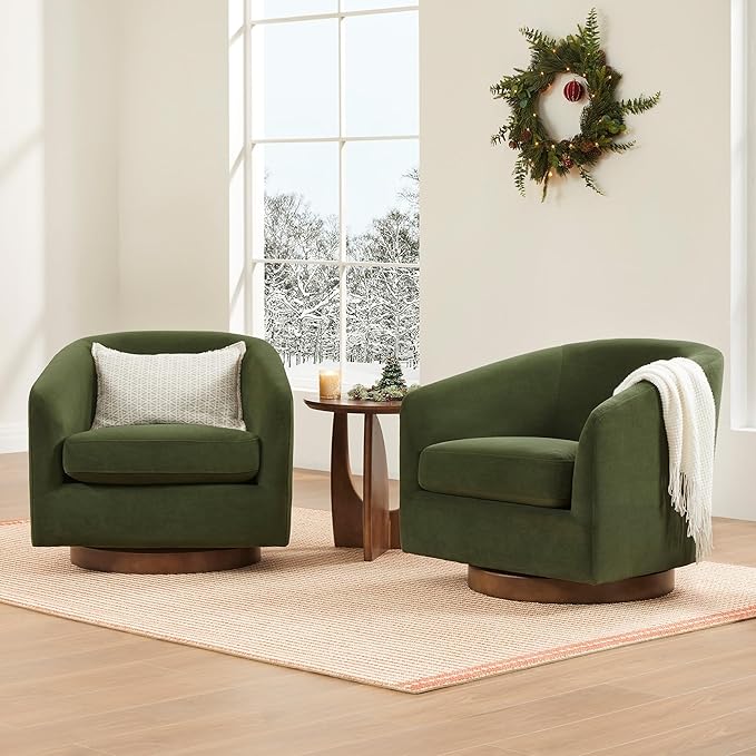 CHITA Swivel Accent Chair, FSC Certified Upholstered Velvet Barrel Chair for Living Room Set of 2, Fully Assembled, Forest Green
