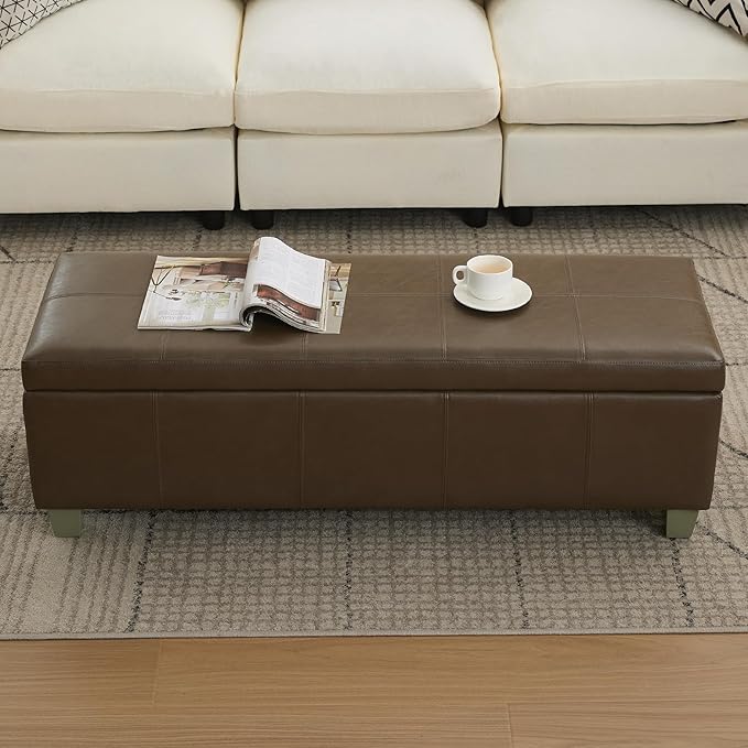 51" Faux Leather Storage Ottoman, Stitch Tufted Rectangle Upholstered End of Bed Storage Bench, Entryway Large Couch Ottoman with Wooden Legs, Coffee