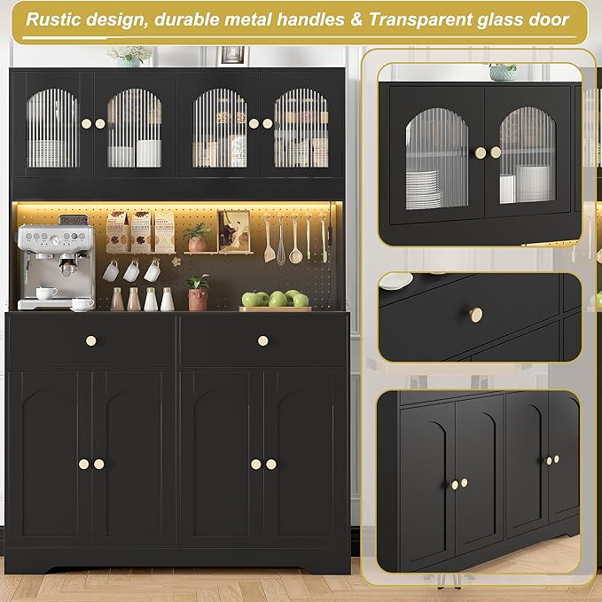 70" Pantry Cabinet with Pegboard, Kitchen Pantry Storage Cabinet with Shelves & Drawer, Adjustable Shelves, LED Light & Power Outlets for Dining Room (Black)