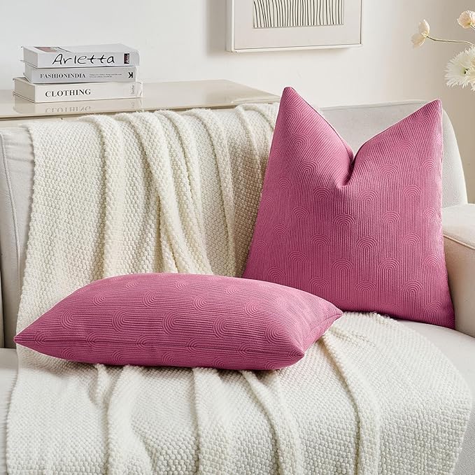 FUTEI Hot Pink Chenille Decorative Throw Pillow Covers 20x20 Inch Set of 2,Soft Cozy Striped Geometric Patterns Cushion Cases,Modern Home Decor for Couch Bed Living Room