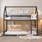 Bunk Bed Twin Over Twin, House Bunk Bed Frame with Ladder and Guardrail, House Shaped Bunk Bed Frame with Metal Slats for Girls Boys, Space Saving, No Box Spring Needed (Black)