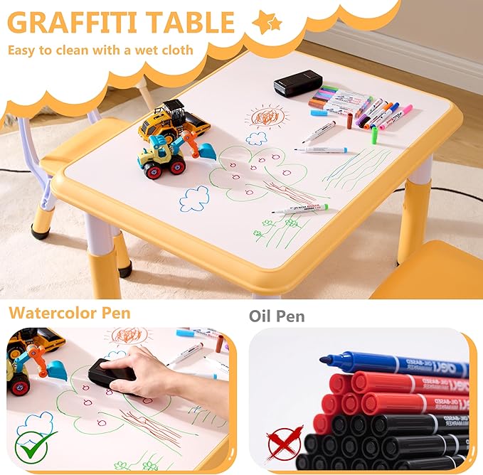 Kids Table & Chairs Set (2 Chairs), Height Adjustable Toddler Table and Chair Set for Kids Ages 3-8 with Graffiti Desktop, Learning & Art Activity Desk for Classroom, Home, Daycare (Natural)