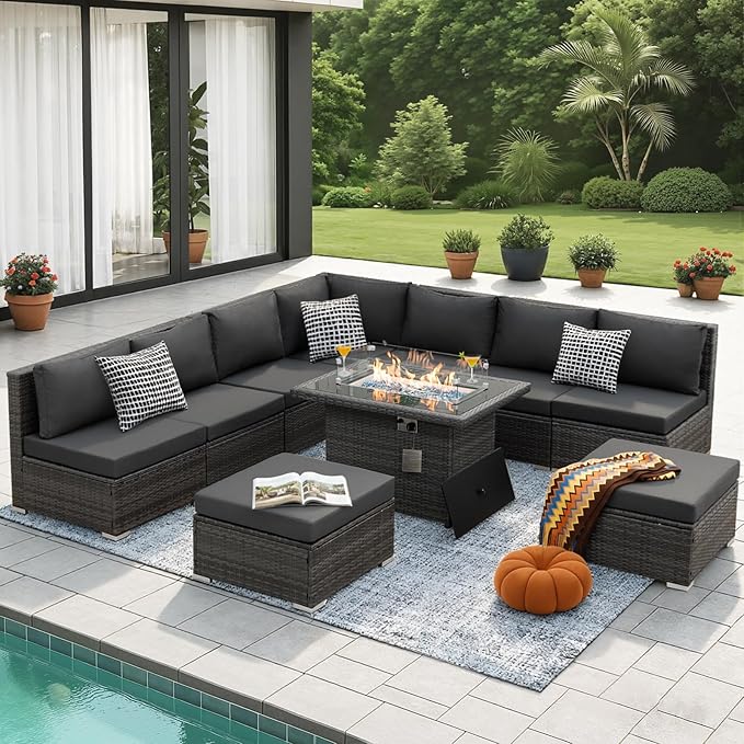 NICESOUL 10 Piece Contemporary Patio Furniture Set with Firepit Table Natural Gas/Propane, 29.3'' High Backrest Outdoor Sofa Conversations, 9 Seats Deep Wide Seating Wicker Sectionals, Dark Gray