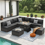 NICESOUL 10 Piece Contemporary Patio Furniture Set with Firepit Table Natural Gas/Propane, 29.3'' High Backrest Outdoor Sofa Conversations, 9 Seats Deep Wide Seating Wicker Sectionals, Dark Gray