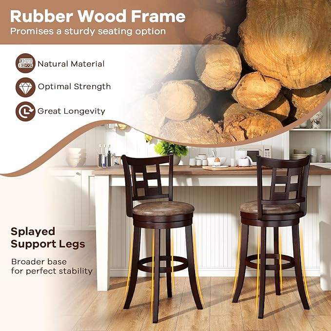 COSTWAY Set of 4 Bar Stools, 30” Swivel Bar Chairs with Footrest, Rubber Wood Frame & Lattice Backrest, Leathaire Bar Height Stools for Kitchen Island (4, 30”)