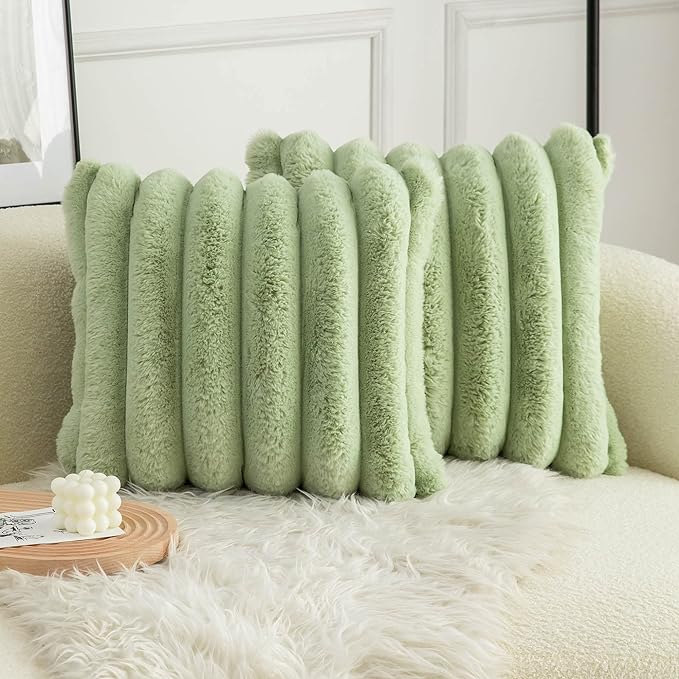 Neelvin Green Faux Fur Cozy Soft Striped Decorative Throw Pillow Covers 20x20 inch Set of 2,Velvet Pillowcase Cushion Case for Sofa Couch