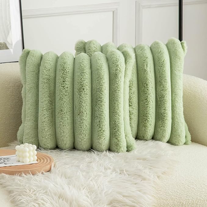 Neelvin Green Faux Fur Cozy Soft Striped Decorative Throw Pillow Covers 22x22 inch Set of 2,Velvet Pillowcase Cushion Case for Sofa Couch