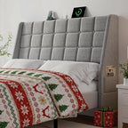 Ergonomic Upholstered Headboard Queen Size w/Charging Station, Linen Wingback Headboards w/Storage Pocket, Queen Headboard Only, Bed Frame Adapters, Sturdy Stable Solid Wood Bed Head Board, Light Grey