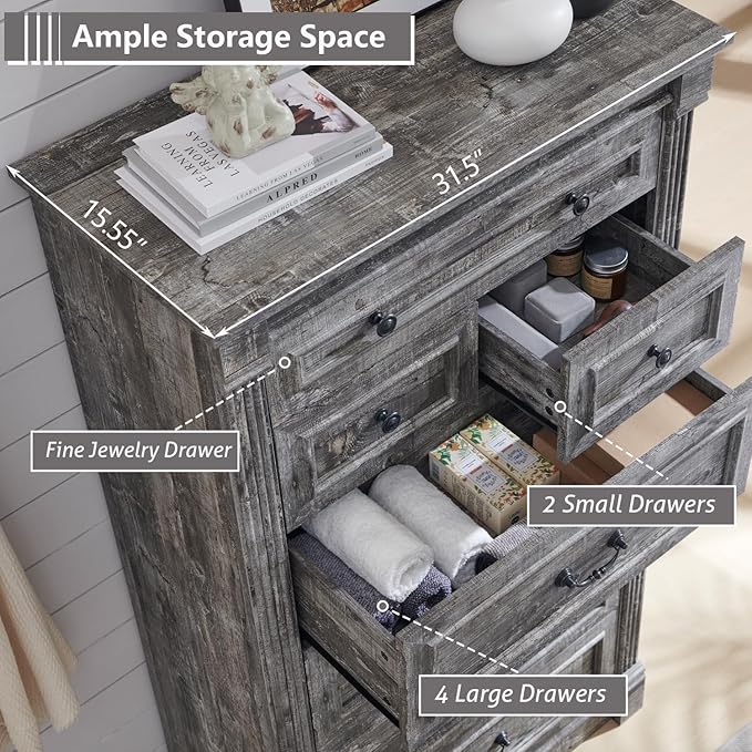 Farmhouse 7 Drawers Dresser for Bedroom, 57" Tall Large Dressers & Chests of Drawers w/Roman Column, Storage Dressers Organizer for Bedroom, Hallway, Living Room, Light Grey
