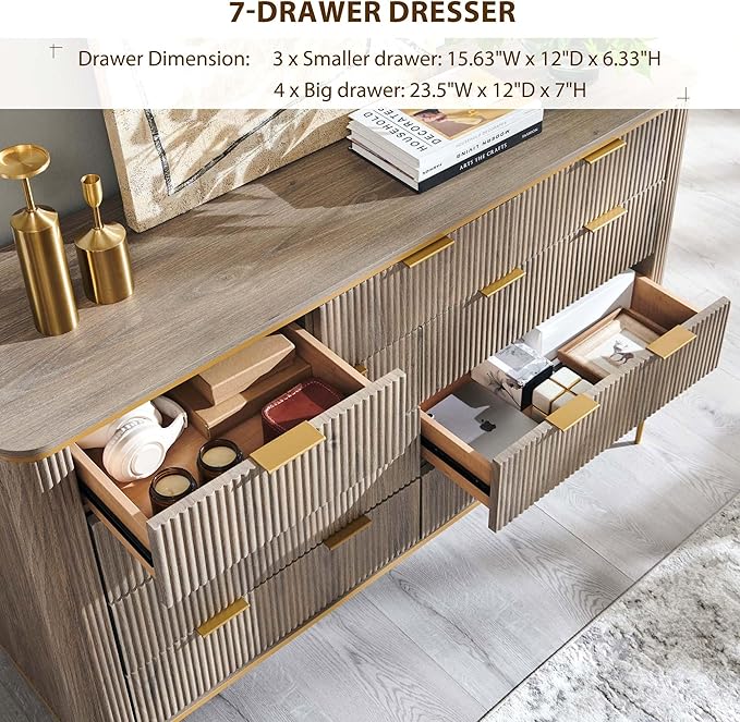 T4TREAM Fluted 9 Drawers Dresser for Bedroom, 54" Wide Modern Dresser TV Stand, Gold Accents, Curved Profile, Wood Storage Dressers Organizer for Bedroom, Living Room, Alder Grey