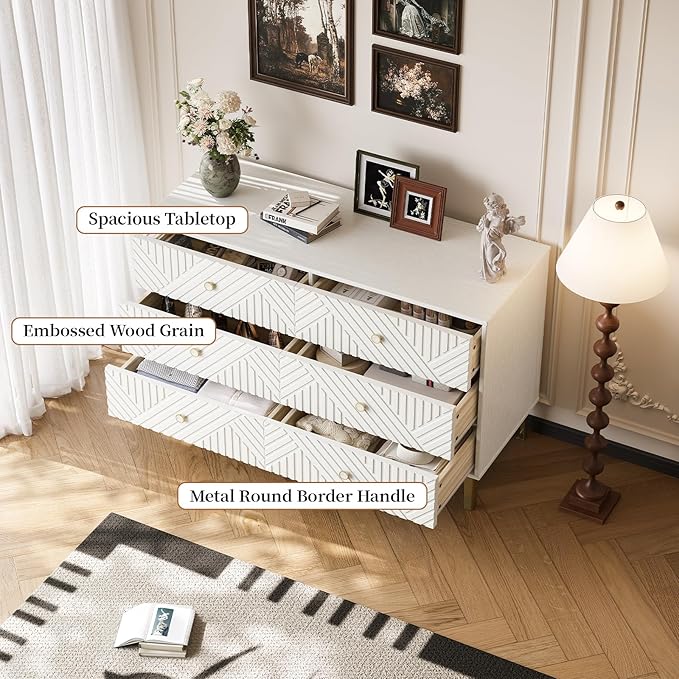 White Wood Dresser for Bedroom, 6 Drawers Dresser with Metal Handles & Embossed Woodgrain, 47" Wide Modern Chest of Drawers for Living Room, Hallway