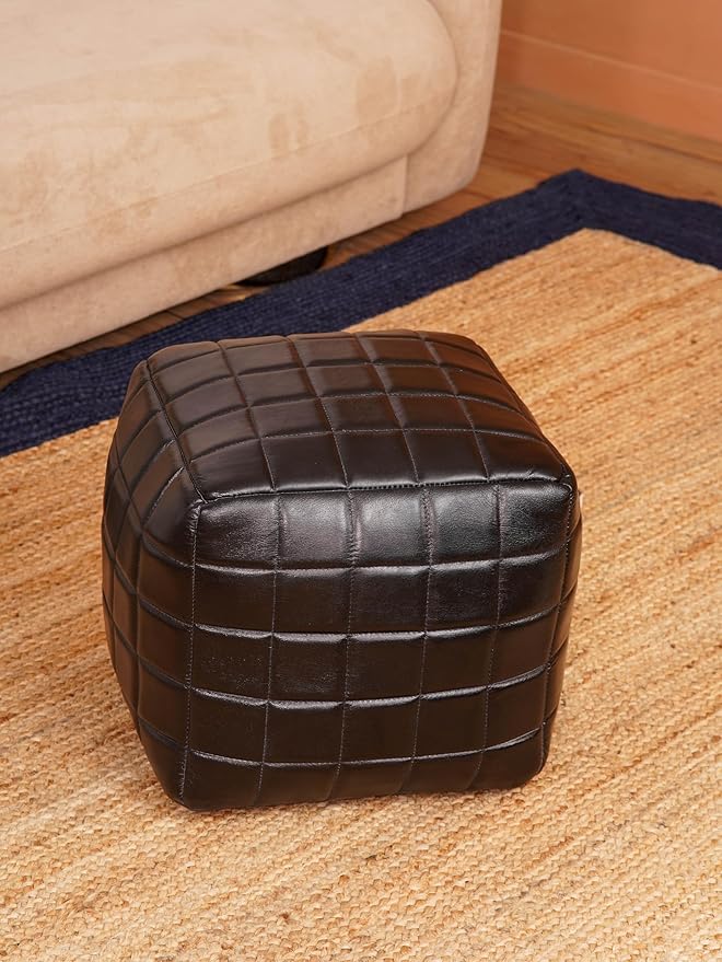 Handmade Eco-Friendly Geometric Leather Pouf Black Color Square 16" x 16" x 16" Goat Leather Pouf for Living Room, Bedroom Seating, Patio