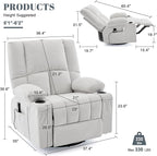 Swivel Rocker Chair with Heat and Massage, 270° Power Recliner Chairs for Adults, USB and Type-C Ports, Oversized Recliner Single Sofa, Electric Glider Chair(LightGrey)