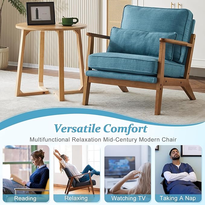 VINGLI Solid Wood Wide Armrests Accent Chair,Upholstered Mid Century Modern Chair with Pillow,Comfy Reading Chair Farmhouse Arm Chair,Chairs Living Room,Bedroom,Guest Room,Linen Fabric,Navy Blue