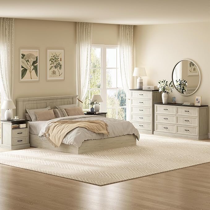 CARPETNAL Farmhouse Dresser and Nightstand Sets for Bedroom, 4 Pcs Bedroom Set, 5 Drawer & 6 Drawer Dresser and Nightstand Set of 2, Wood Chest of Drawers for Living Room, Entryway, White