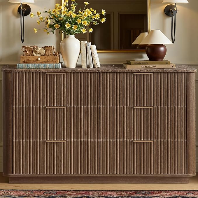 win2win 6 Drawer Dresser, Mid Century Modern Dresser with Storage, 47" Wide Fluted Chest of Drawers with Faux Marble Top, Dressers TV Stand, Drawers Organizer for Bedroom, Living Room, Hallway Walnut