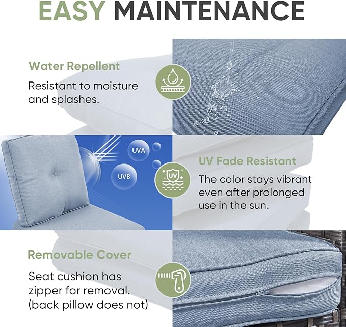 Outdoor Chair Cushion Set, 25 x 22 Deep Seat Cushion, Patio Chair Cushions for Outdoor, Include 1 Seat Cushion and 1 Back Cushion, Baby Blue
