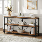Tribesigns 55-Inch Industrial Sofa Table, 3-Tier Console Table with Metal Frame and Open Shelves, Modern Decorative Shelf, Open TV Shelf for Living Room, Entryway, Hallyway (Brown and Black)