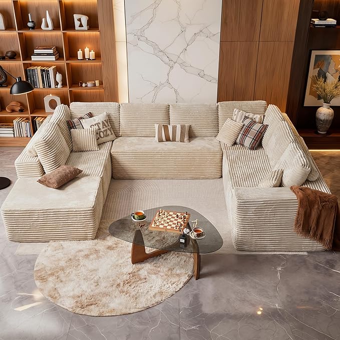 Cloud Sectional Couch with Loveseat, Boneless U-Shaped Cloud Couch with Deep Seat, Soft Plush Modern Minimalist Sofa, Assembly Free Modular Floor Sofa for Office Living Room Apartment, Beige