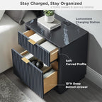 T4TREAM 23'' Fluted Nightstand with Charging Station, Large 2 Drawer Bedside Table, Modern End Table with Storage, Mid Century Night Stand for Bedroom, Living Room, Curved Profile, Dark Grey