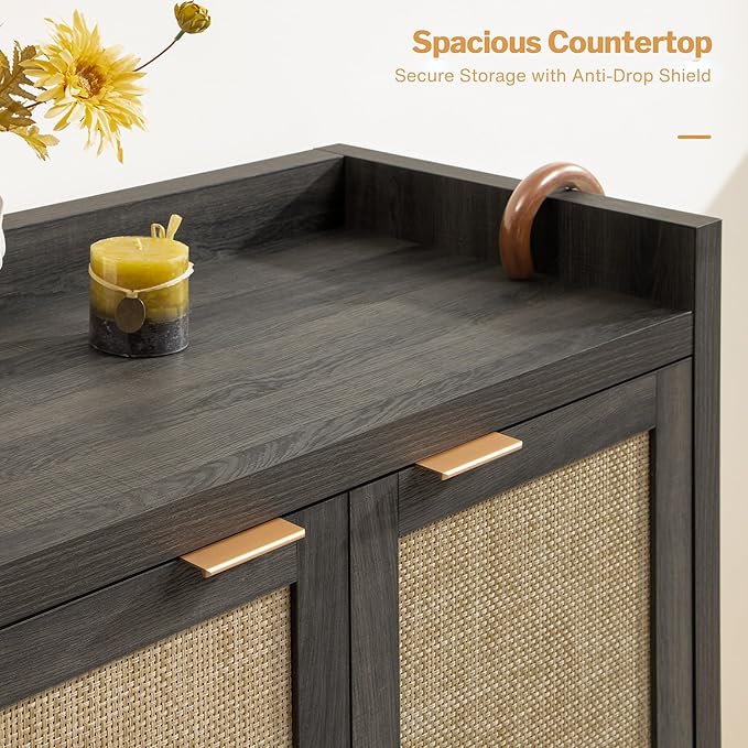 SICOTAS Shoe Storage Cabinet Set of 3, Large Capacity Rattan Shoe Cabinet for Entryway, 6-Tier 41" Tall Shoe Cabinet, Farmhouse Wooden Storage Cabinet for Living Room Hallway, Black Oak