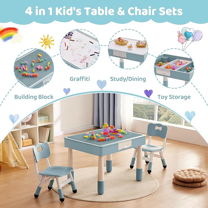4 in 1 Kids Table and 2 Chairs Set with Storage, Toddler Table and Chair Set for Kids Ages 3-10, Graffiti & Building Blocks Double-Sided Tabletop (Grayish Blue, 2 Chairs)