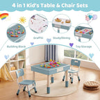 4 in 1 Kids Table and 2 Chairs Set with Storage, Toddler Table and Chair Set for Kids Ages 3-10, Graffiti & Building Blocks Double-Sided Tabletop (Grayish Blue, 2 Chairs)