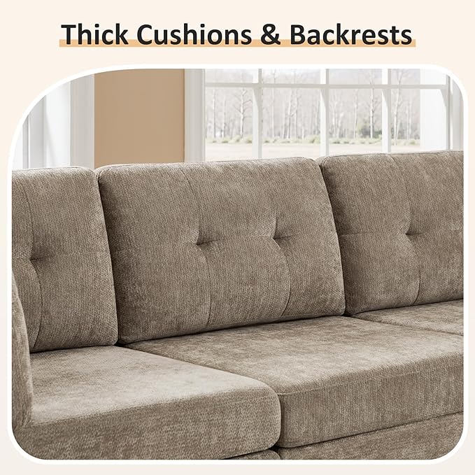 VANOMi 4 Seat Modular Cloud Sofa with 2 Ottomans, 118" Sectional Sofas & Couches for Living Room, Comfy Chenille Cloud Sectional Couch Sofas for Living Room, Apartment, Office, Camel, U Shaped