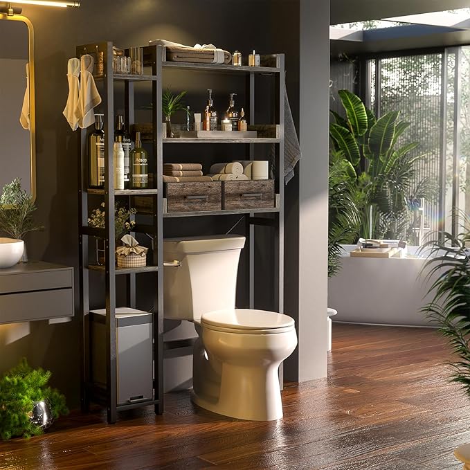 Over The Toilet Storage with 2 Drawers - 7 Tier Bathroom Organizer with Adjustable Shelf, Freestanding Space Saver Storage Rack Above Toilet Stand with 4 Hooks for Restroom, Laundry, Grey Oak
