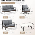 5 Piece Metal Outdoor Patio Furniture Set, Patio Conversation Sets 1 3-Seater Sofa, 2-Seater Sofa, 2 Swivel Sofa with 5.75" Thick Cushion & Coffee Table Black Backyard Furniture, Gray