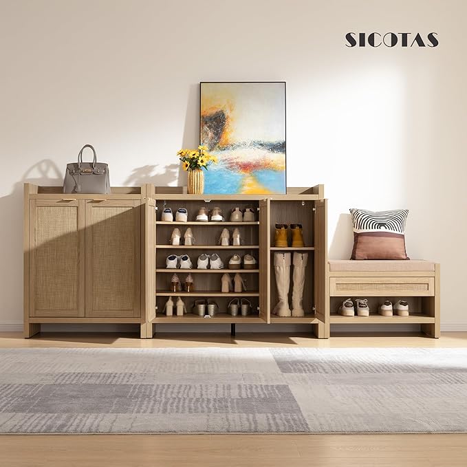 SICOTAS Shoe Storage Cabinet Set of 2, Large Tall Shoe Cabinet, Rattan Shoe Cabinet Storage for Entryway, Farmhouse Cabinet with Doors and Adjustable Shelves for Entryway Hallway, Light Oak