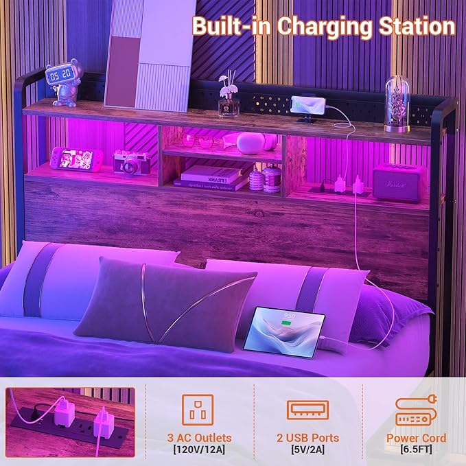 Unikito Headboard for Twin Size Bed with Storage Shelf, Head Board with 3 Outlets and 2 USB Ports, Headboards with RGB LED Light, Height Adjustable, Sturdy and Stable, Easy Assembly, Rustic Brown